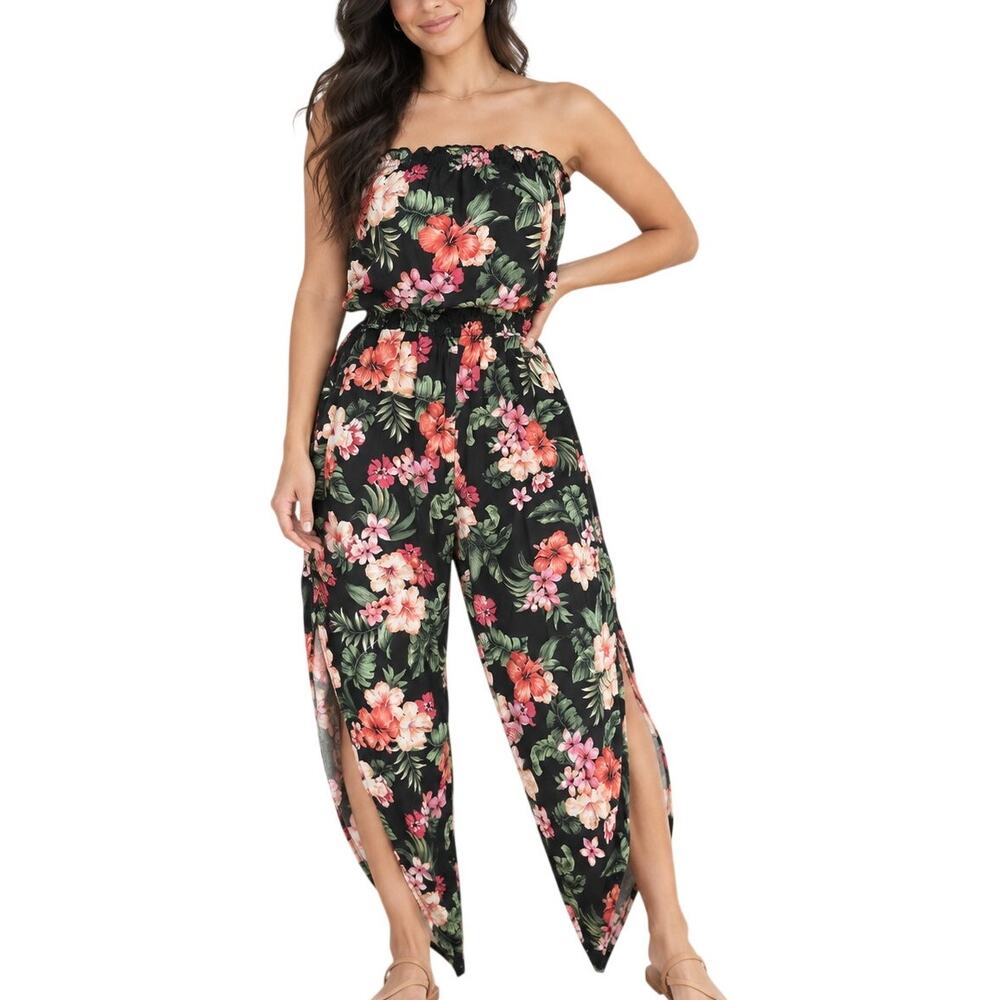 Bar III Black Tropical Floral Strapless Split Leg Jumpsuit Medium